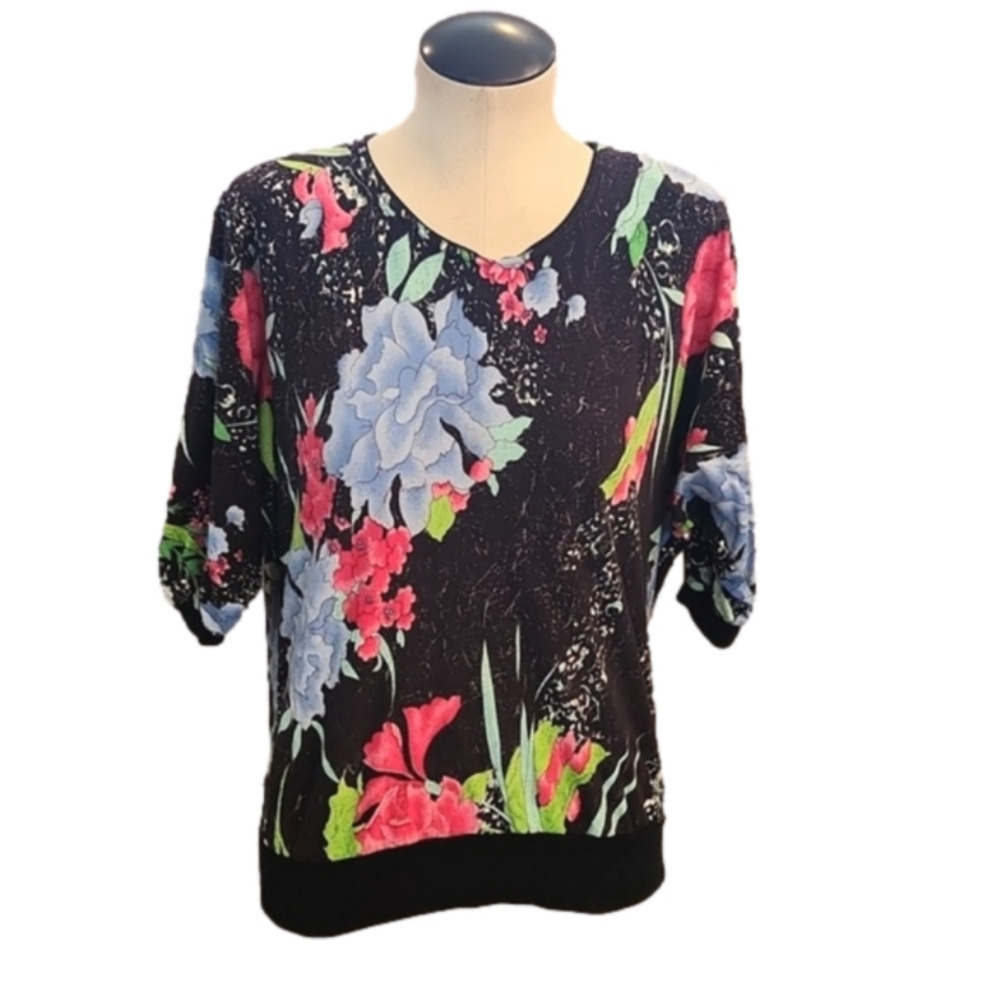 Womens Vintage Western Connection black floral quarter sleeve top size Medium. - Picture 2 of 14